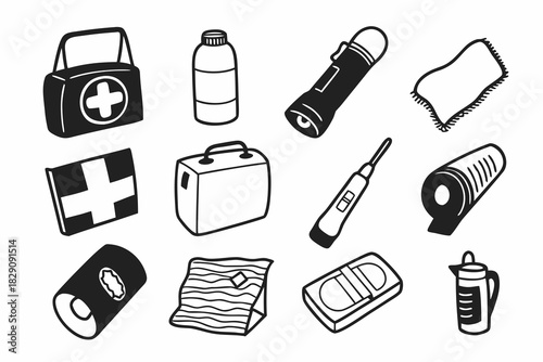 A collection of hand drawn emergency preparedness kit icons