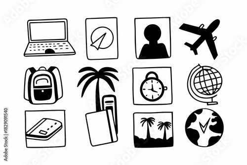 A hand drawn icon set of the digital nomad lifestyle