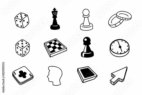 A minimalist set of black and white icons for tabletop games