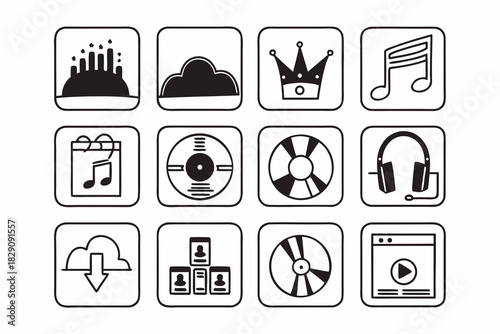A Set of 12 Black and White Digital Music Distribution Icons