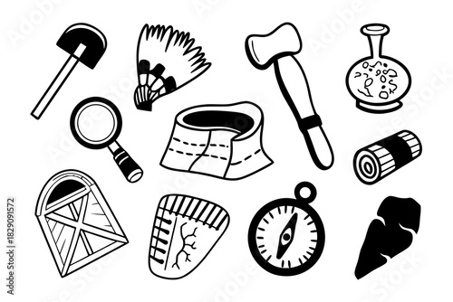 A set of black and white archaeology dig icons and artifacts