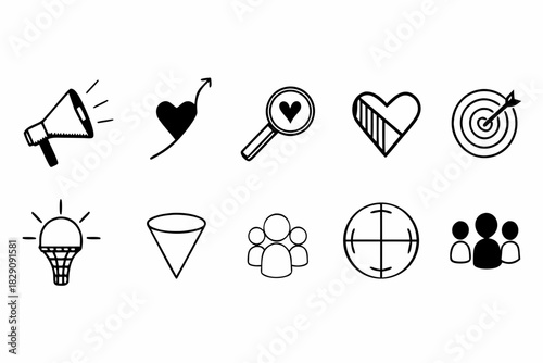 A set of black and white digital marketing funnel icons