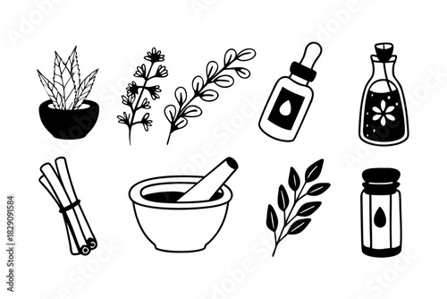A set of black and white DIY home apothecary icons