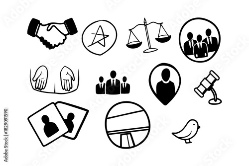 A set of black and white icons for conflict resolution and agreement