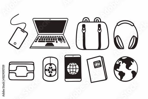 A set of icons showing essential gear for a digital nomad lifestyle