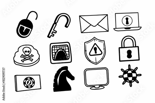 A set of sketched icons illustrating types of cyber attacks