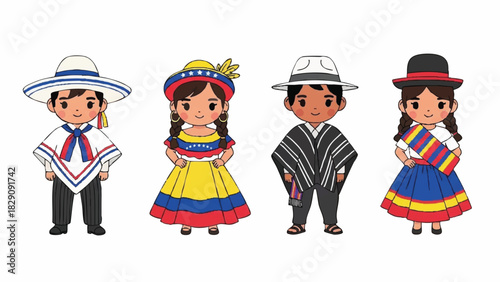 Cute Cartoon Group of Four Children in Traditional South American Folk Attire