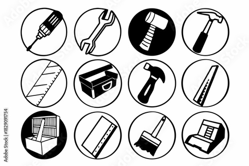 A set of twelve black and white home repair tool icons