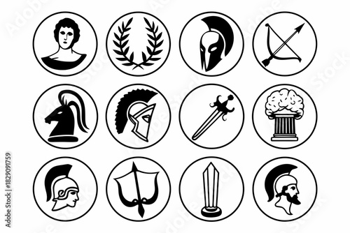 A set of twelve circular icons of classical mythology symbols