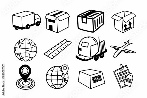 A Set of Twelve Hand Drawn Shipping and Ecommerce Icons