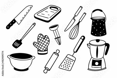Black and white line art icons of various kitchen utensils