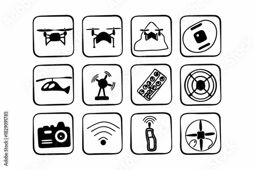 Hand drawn icon set for drone photography and technology