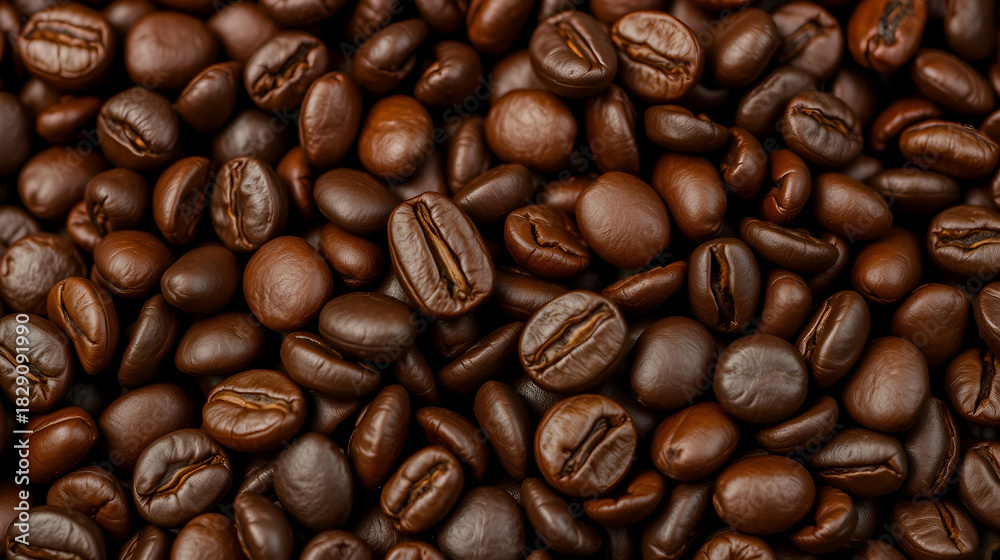 Fototapeta premium Roasted Coffee Beans: A detailed, inviting close-up of a pile of freshly roasted coffee beans. Each bean, perfectly textured, exudes the rich, dark brown color and subtle sheen.
