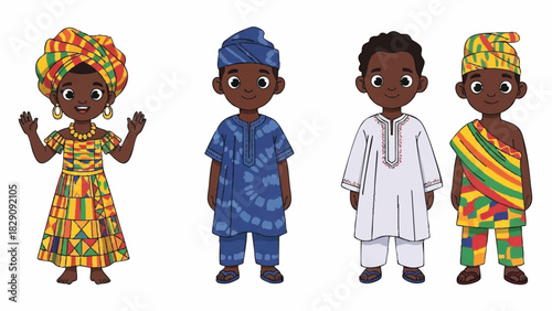 Diverse Group of Happy African Children in Traditional Cultural Attire Illustration
