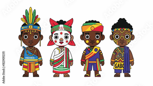 Cute Cartoon Children Displaying Diverse African Cultural Attire and Face Paint
