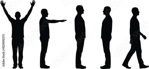 Set of Five Black Male Silhouettes: Side View Standing, Walking, Arms Up, and Pointing Outward for Architectural Renderings,