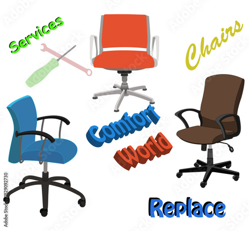 Office chairs in orange, blue, and brown with casters and brakes.ai