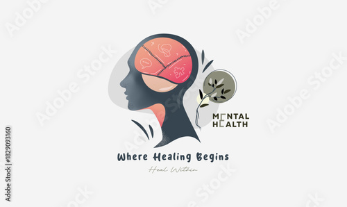 Mental health awareness vector art featuring a human head profile silhouette and an exposed brain. Designed for psychology, wellness, therapy, and healing concepts. Ideal for web and print media.