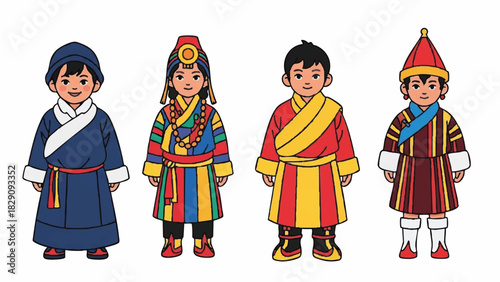 Diverse Group of Children Wearing Traditional Asian Mountain Region Clothing