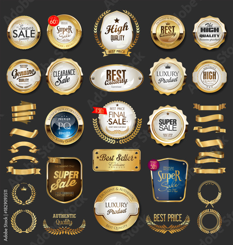 Collection of golden badges, labels, ribbons, and wreaths for promotional and decorative purposes.