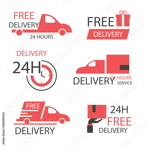 A collection of six red and black icons representing free and 24-hour delivery services.