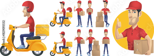 Delivery person in red uniform with boxes and scooter, showing thumbs up, various poses.
