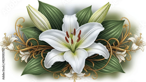 Elegant white lily flower arrangement with green leaves and buds.