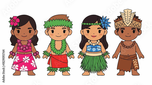 Four Cute Cartoon Children in Traditional Polynesian Island Attire Illustration