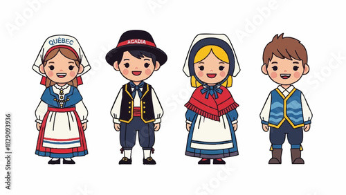 Charming Group of Children in Traditional North American Folk Costumes Isolated on White