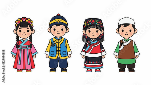 Diverse Children in Traditional Cultural Garments Illustration