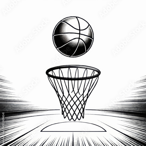 Dynamic basketball illustration with ball above hoop, comic style sports artwork on transparent background for posters and branding