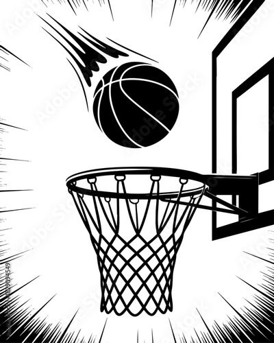 Dynamic basketball slam dunk manga style illustration with ball flying into hoop, dramatic speed lines, energetic sports background