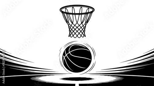 Dynamic basketball ball and hoop illustration with motion lines, minimal black and transparent sports background for banner design