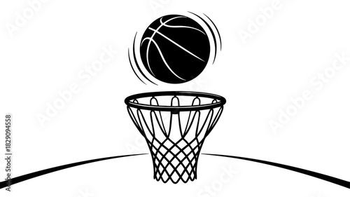 Minimalist basketball ball swish over hoop illustration, dynamic sports icon design on transparent background for posters and branding