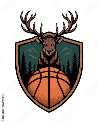 Deer basketball mascot logo with antlers and forest shield emblem for sports team branding and outdoor adventure design