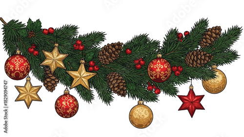 Festive Christmas Garland with Ornaments and Pine Cones.