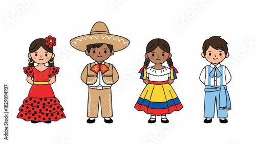 Diverse Latin American Children in Traditional Folk Costumes Illustration