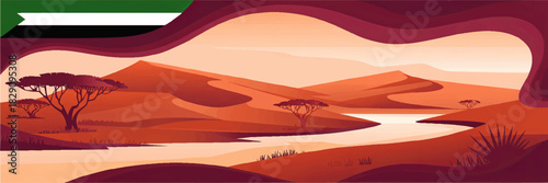 Sunset desert landscape with river, acacia trees and UAE flag, warm orange dunes and abstract wavy frame, panoramic vector illustration