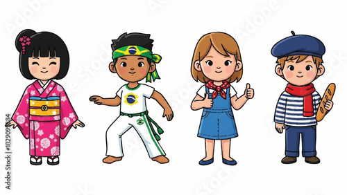 Cute Cartoon Children Representing Diverse World Cultures and National Costumes
