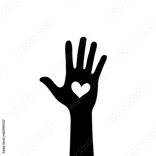 raised volunteer hand with a heart symbol, black vector design element for international volunteer day