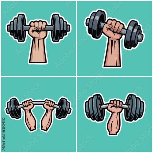Muscular arms lifting dumbbells with transparent background