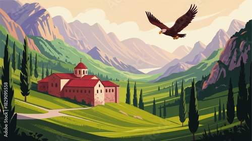 Mountain monastery landscape with soaring eagle, green valley hills, cypress trees and sunrise sky, scenic digital illustration
