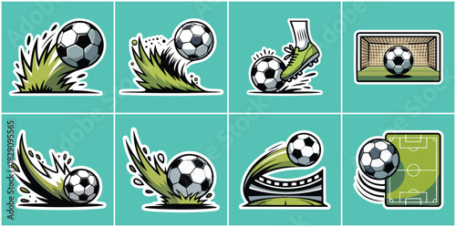 Soccer balls in dynamic action with grass