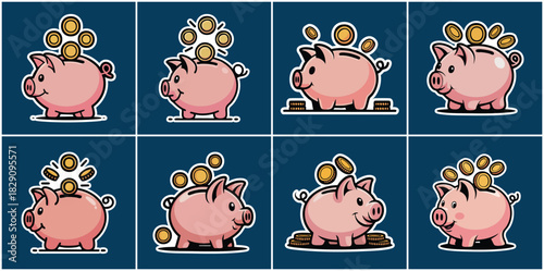 Financial Piggy Bank and Falling Coins Illustration Set: Collection of Eight Savings and Investment Symbols, Essential for Banking, Personal Finance, Budgeting, and Wealth Management Graphics