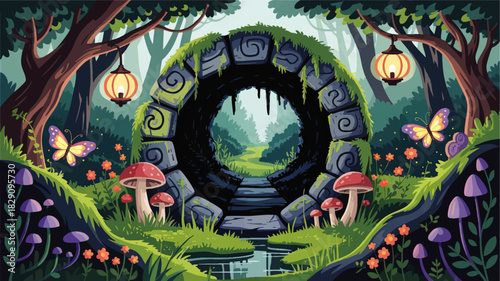 Enchanted forest portal with stone arch, glowing lanterns, butterflies and mushrooms over magical river path, fantasy landscape