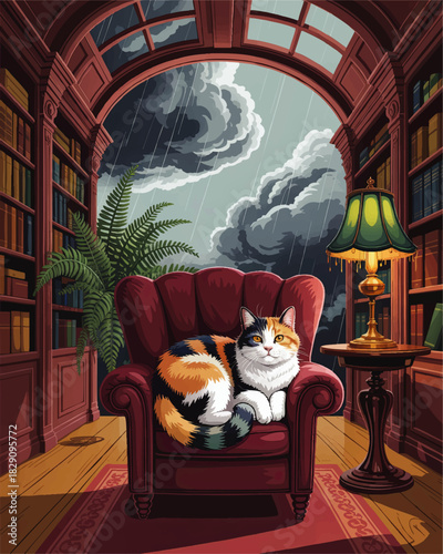 Cozy calico cat on red armchair in vintage library during rainy storm, warm reading nook with lamp, bookshelves and arched window