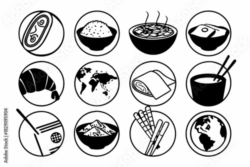 A Set of 12 Global Cuisine Icons in Black and White