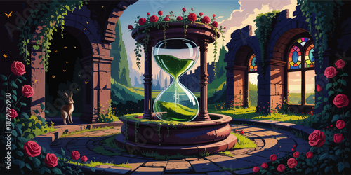 Enchanted ruined garden with glowing green hourglass, roses and rabbit at sunrise, magical fantasy landscape illustration