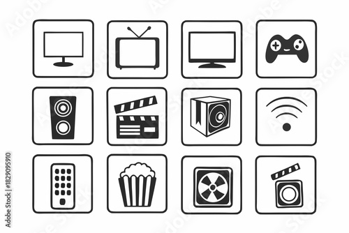 A grid of black and white home cinema setup icons