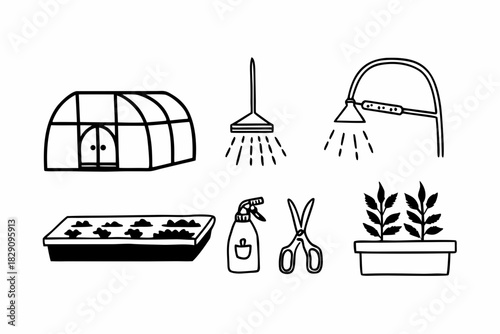 A set of black and white hand drawn home gardening icons